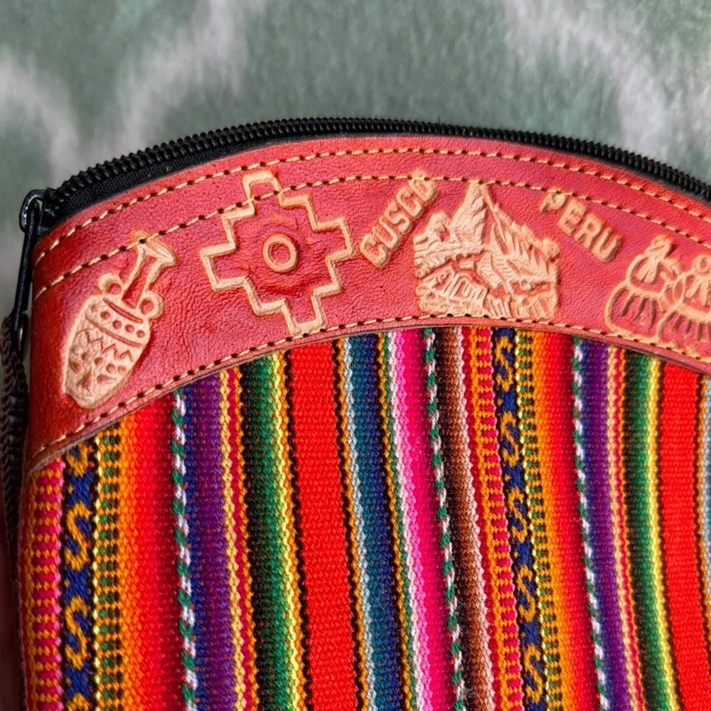 Handmade Colorful Peruvian folkart  leather and fabric pouch Clutch